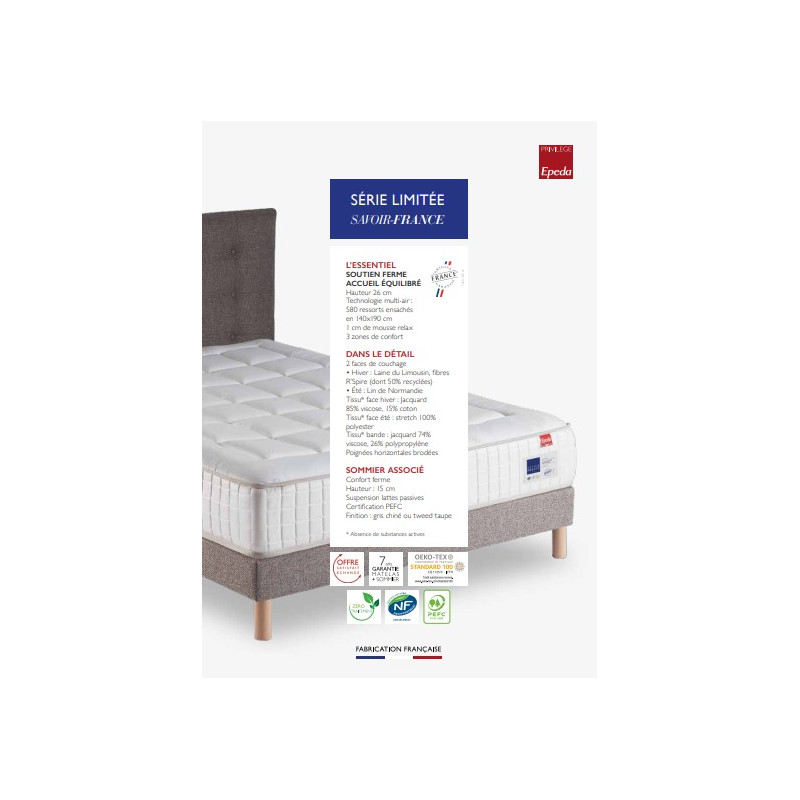 Le matelas EPEDA 140 x 190 cm 26 cm épaisseur sommier EPEDA 15 cm pieds