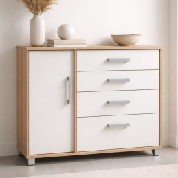 Meuble avec porte et tiroirs.