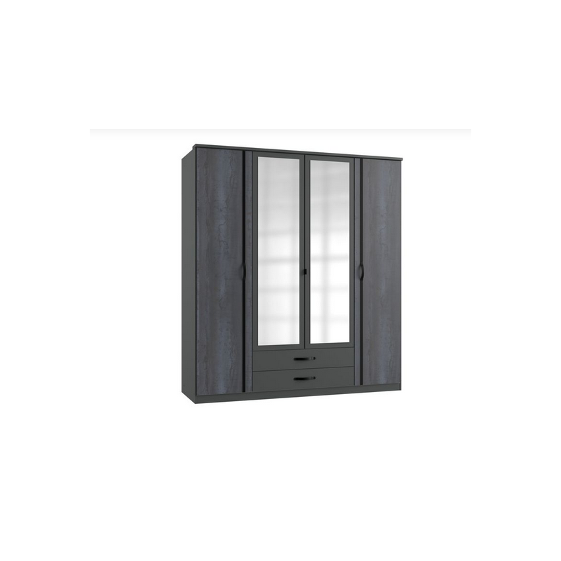 Armoire 4 portes battantes avec 2 miroirs + 2 tiroirs coloris gris foncé